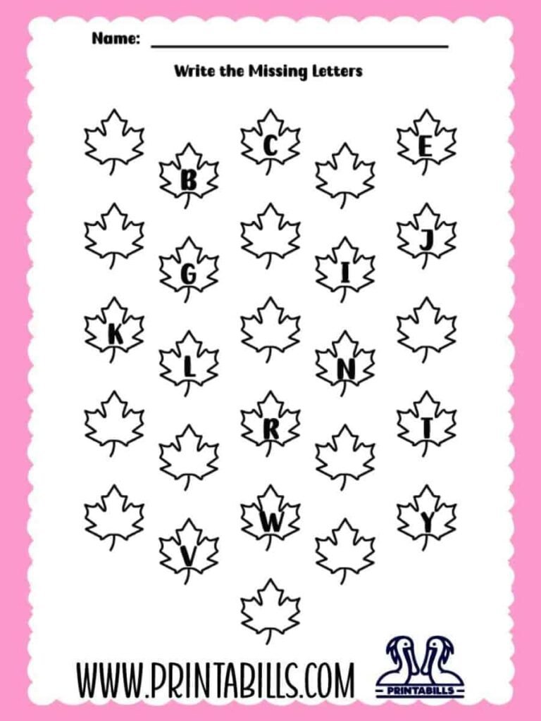 Fall Leaf Uppercase Missing Alphabet Worksheet for Pre-k and Kindergarten