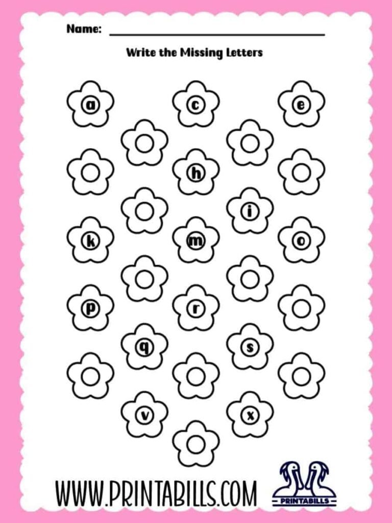 Flower Lowercase Missing Alphabet Worksheet for Pre-k and Kindergarten