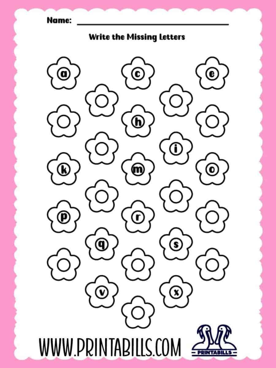 Flower Lowercase Missing Alphabet Worksheet for Pre-k and Kindergarten