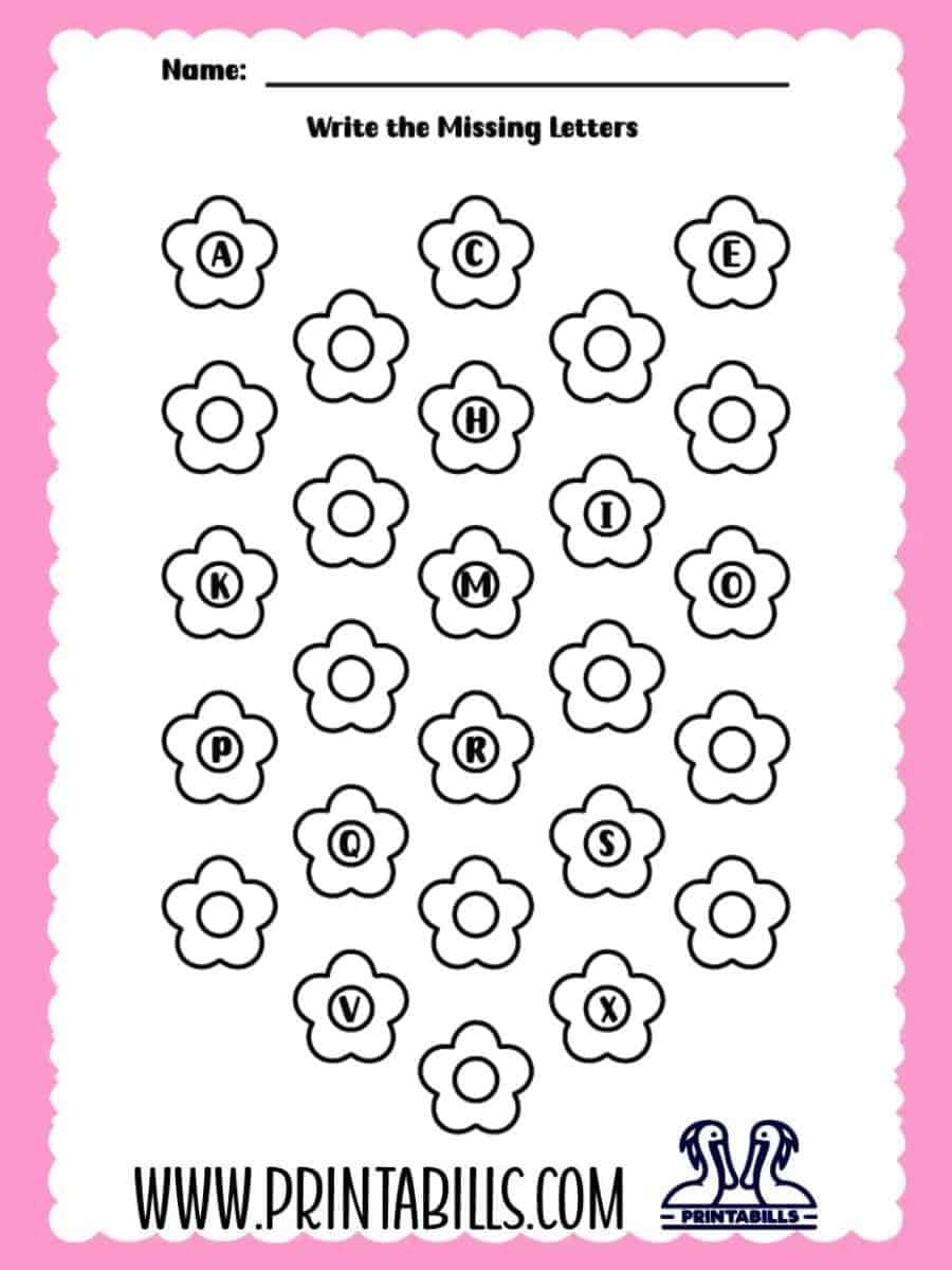 Flower Uppercase Missing Alphabet Worksheet for Pre-k and Kindergarten