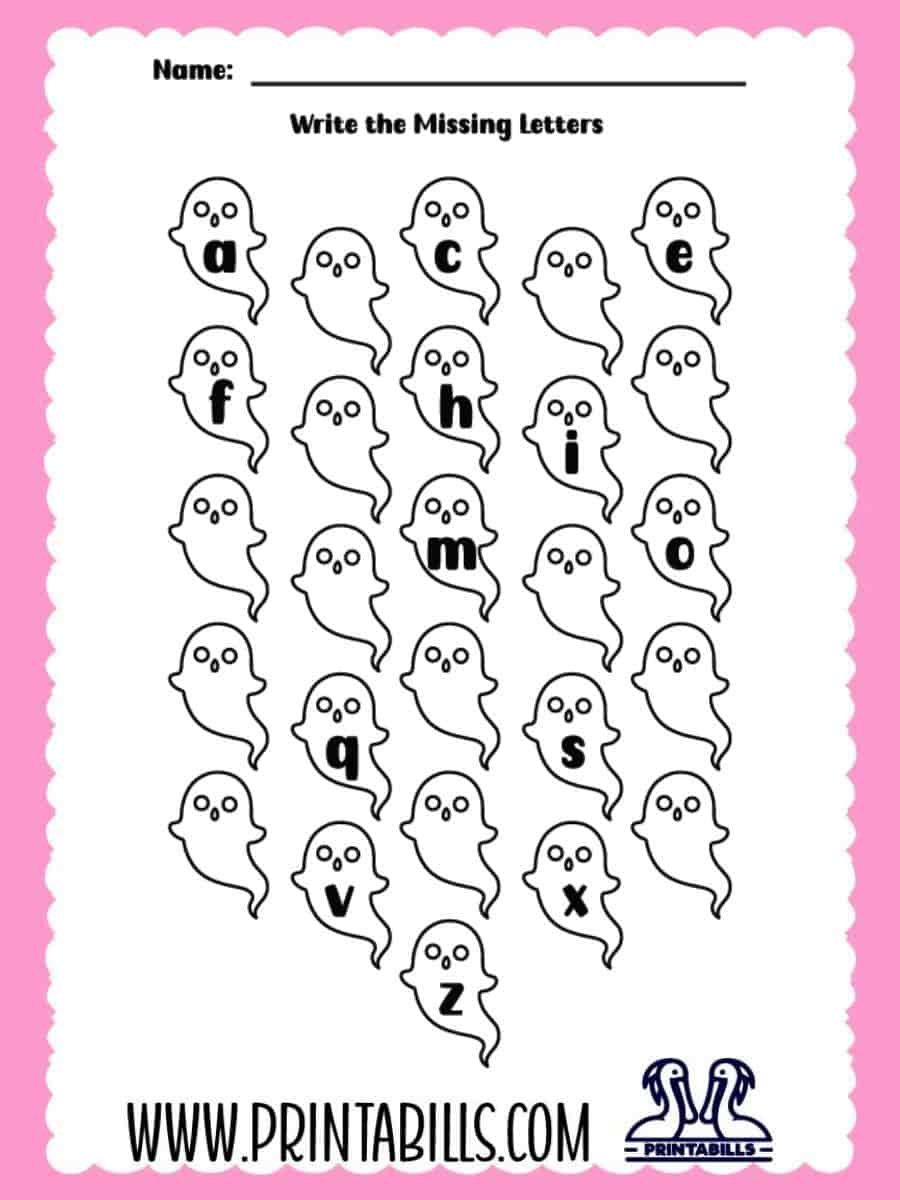 Halloween Lowercase Missing Alphabet Worksheet for Pre-k and Kindergarten