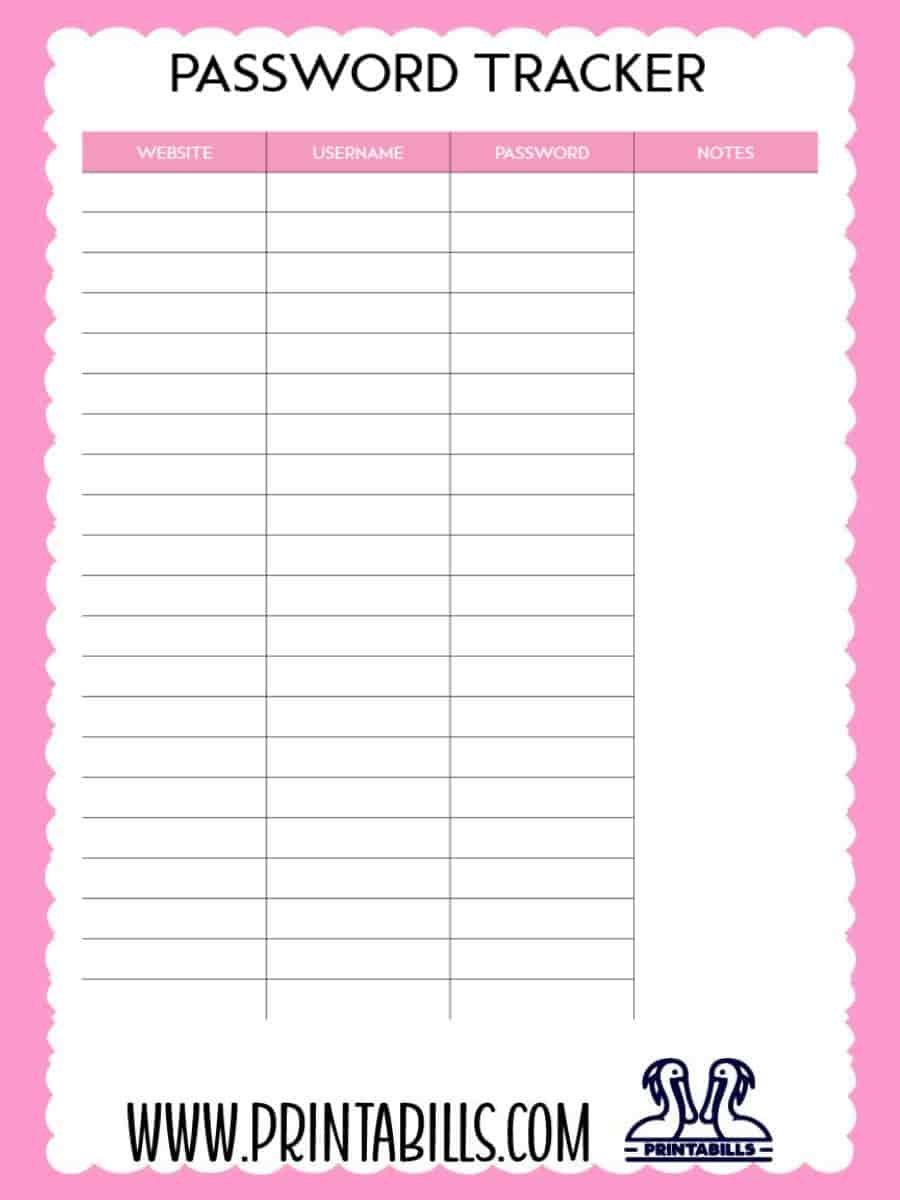 Password Log Template Printable Free