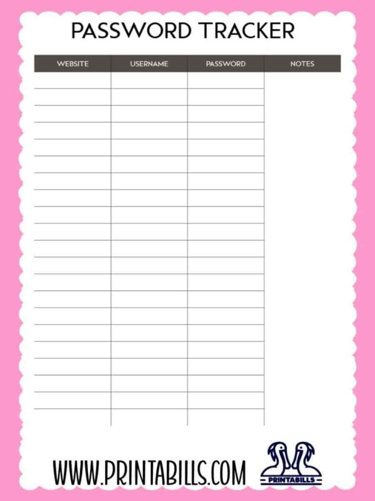Password Log Free Printable