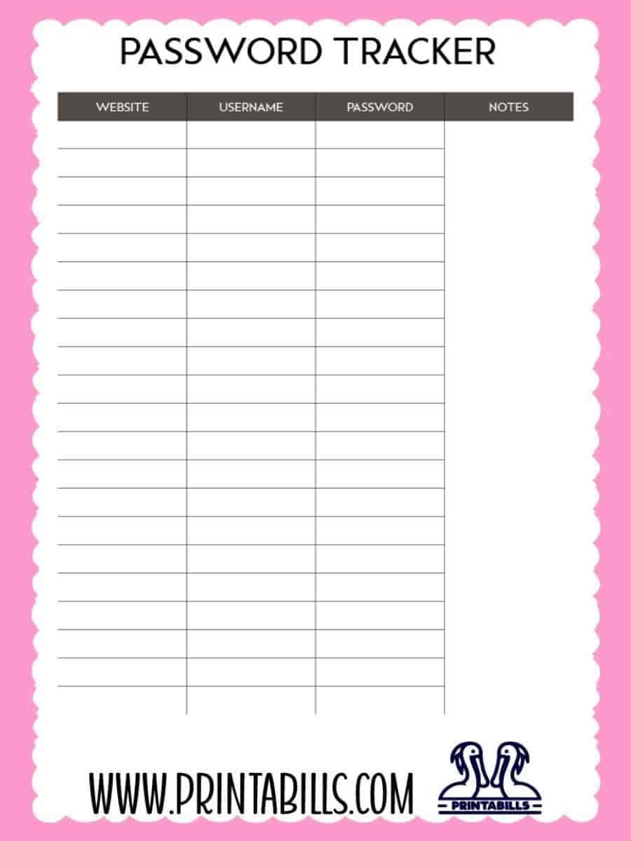 Password Log Free Printable