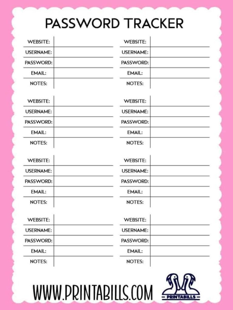 Password Tracker Template Printable Free