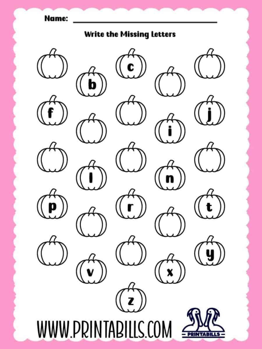 Pumpkin Lowercase Missing Alphabet Worksheet for Pre-k and Kindergarten