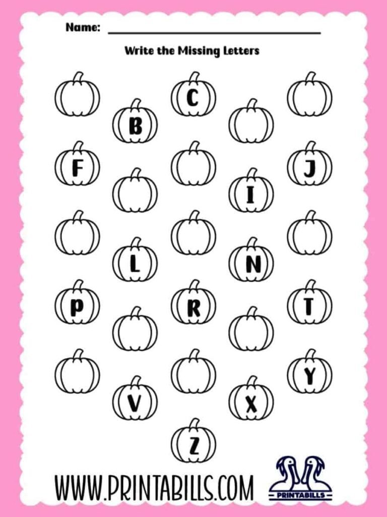 Pumpkin Uppercase Missing Alphabet Worksheet for Pre-k and Kindergarten