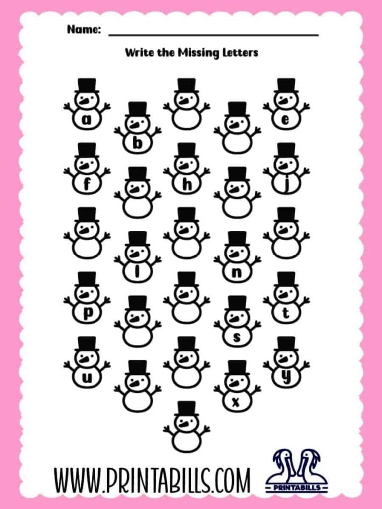 Snowman Lowercase Missing Alphabet Worksheet for Pre-k and Kindergarten