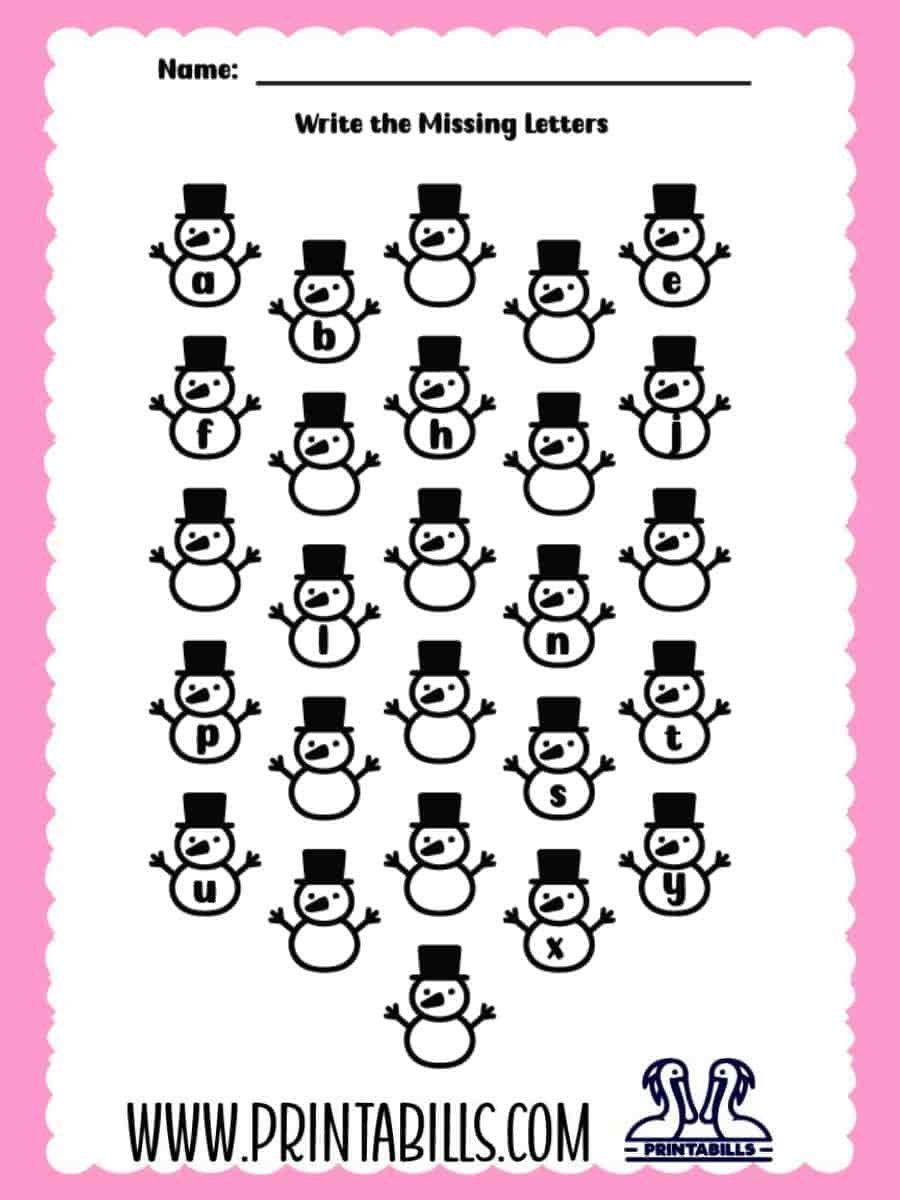 Snowman Lowercase Missing Alphabet Worksheet for Pre-k and Kindergarten