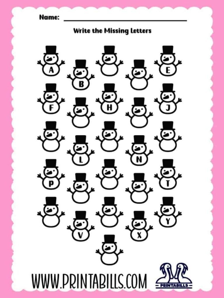 Snowman Uppercase Missing Alphabet Worksheet for Pre-k and Kindergarten
