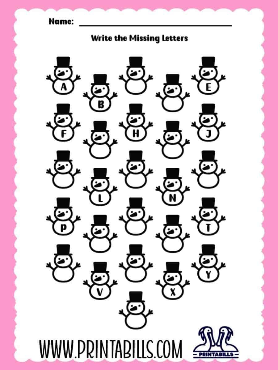 Snowman Uppercase Missing Alphabet Worksheet for Pre-k and Kindergarten