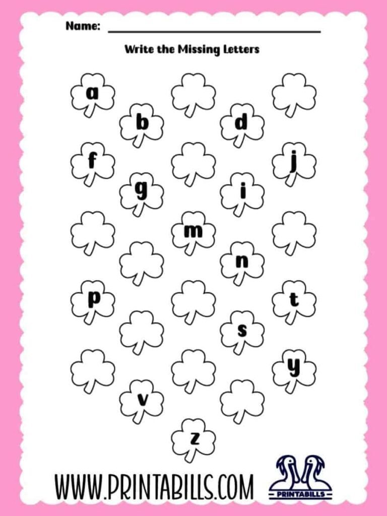 St.Patricks Day Lowercase Missing Alphabet Worksheet for Pre-k and Kindergarten