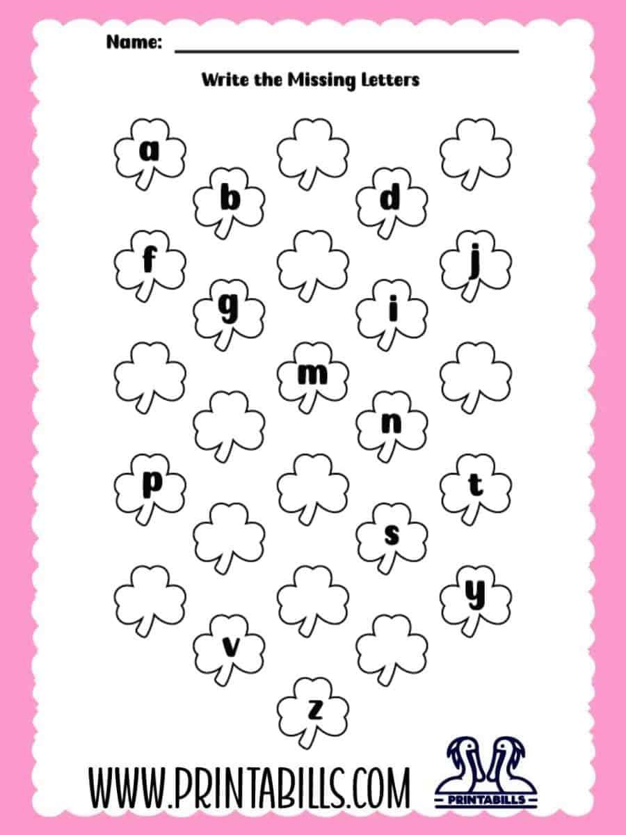 St.Patricks Day Lowercase Missing Alphabet Worksheet for Pre-k and Kindergarten