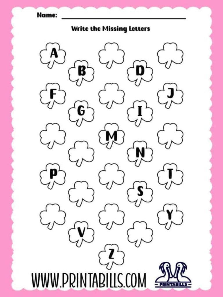 St.Patricks Day Uppercase Missing Alphabet Worksheet for Pre-k and Kindergarten