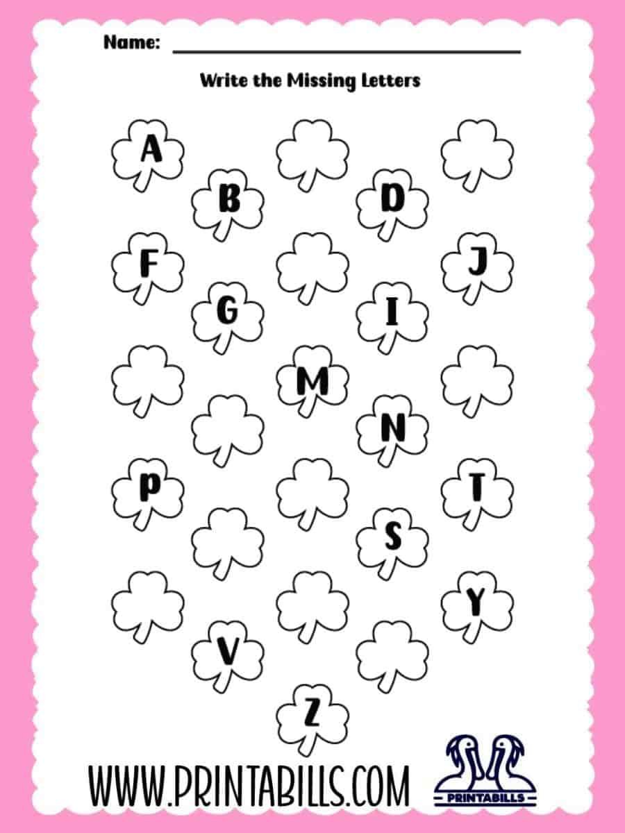 St.Patricks Day Uppercase Missing Alphabet Worksheet for Pre-k and Kindergarten