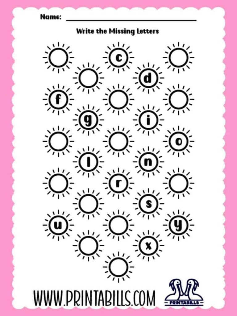 Beach Sun Lowercase Missing Alphabet Worksheet for Pre-k and Kindergarten