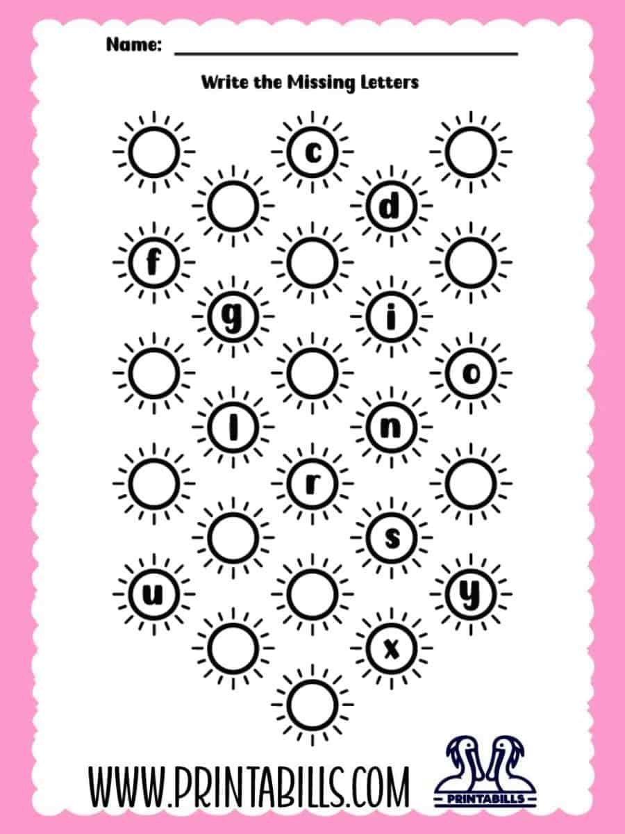 Beach Sun Lowercase Missing Alphabet Worksheet for Pre-k and Kindergarten