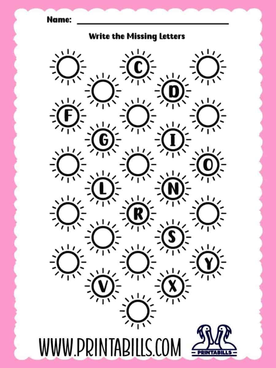 Beach Sun Uppercase Missing Alphabet Worksheet for Pre-k and Kindergarten