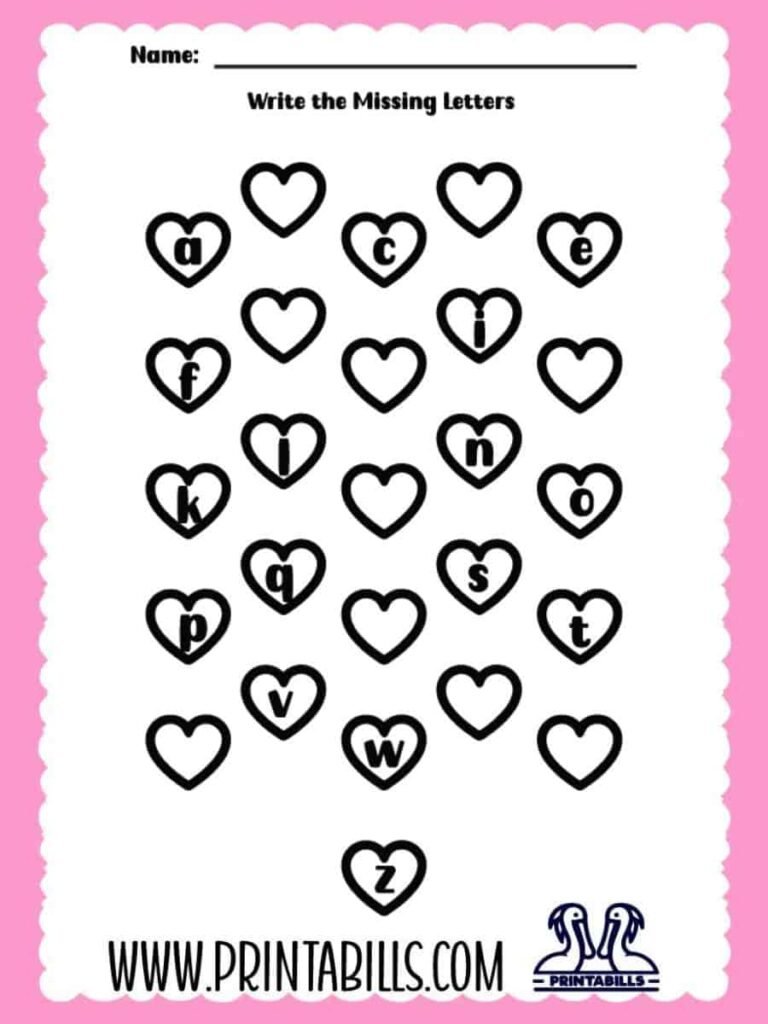 Valentine Heart Lowercase Missing Alphabet Worksheet for Pre-k and Kindergarten