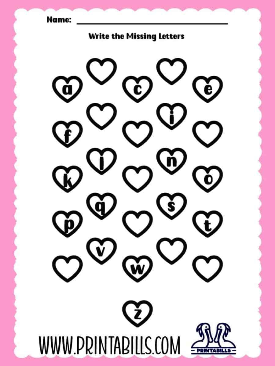 Valentine Heart Lowercase Missing Alphabet Worksheet for Pre-k and Kindergarten