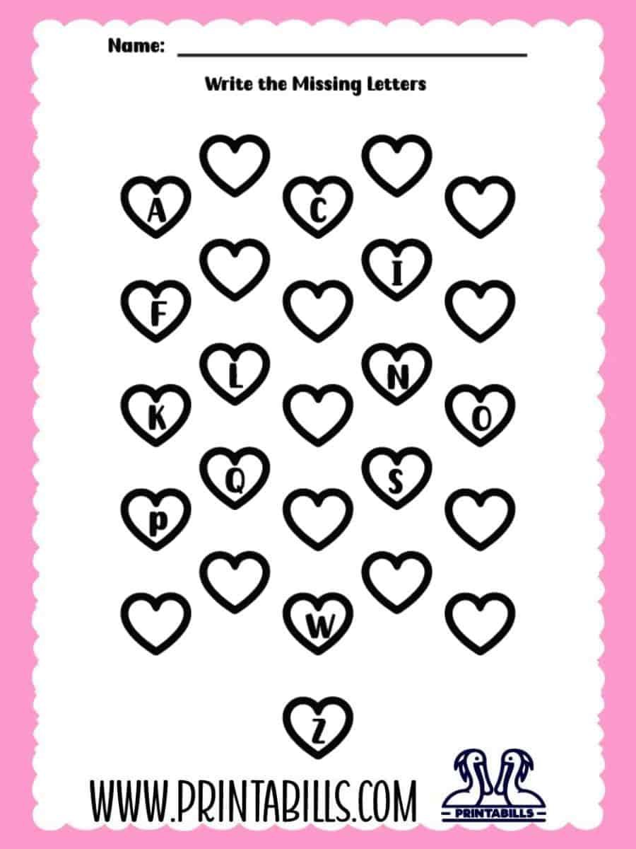 Valentine Heart Uppercase Missing Alphabet Worksheet for Pre-k and Kindergarten