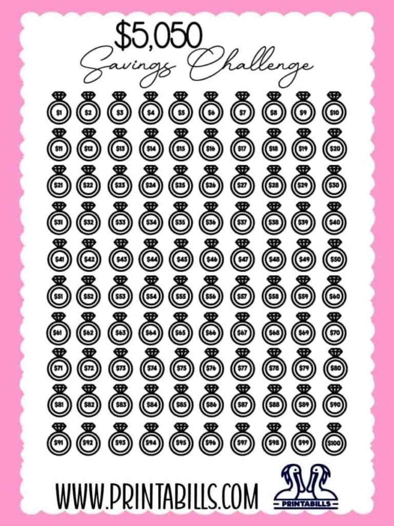Wedding Ring 100 Envelope Savings Challenge Free Printable