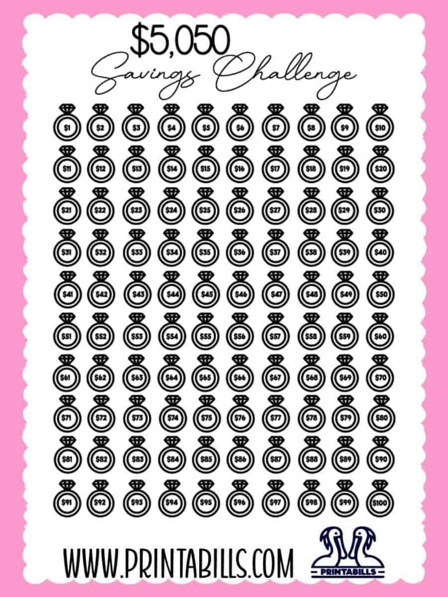 Wedding Ring 100 Envelope Savings Challenge Free Printable